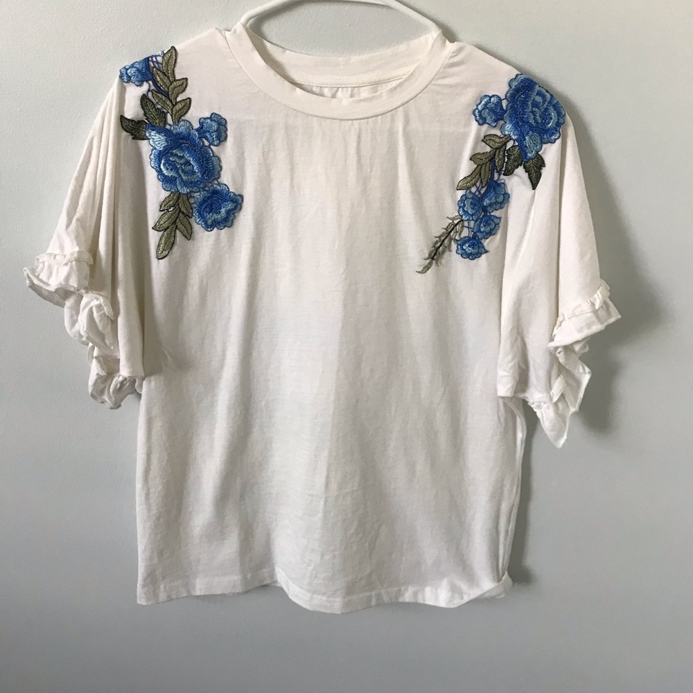 White embroidered Ruffle Sleeve Blouse